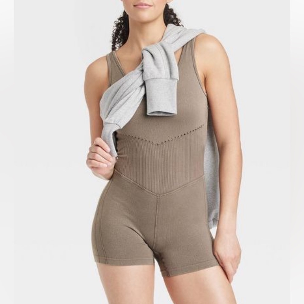 Taupe Seamless Short Active athletic workout Bodysuit, jumpsuit, onesie, romper - Picture 2 of 7